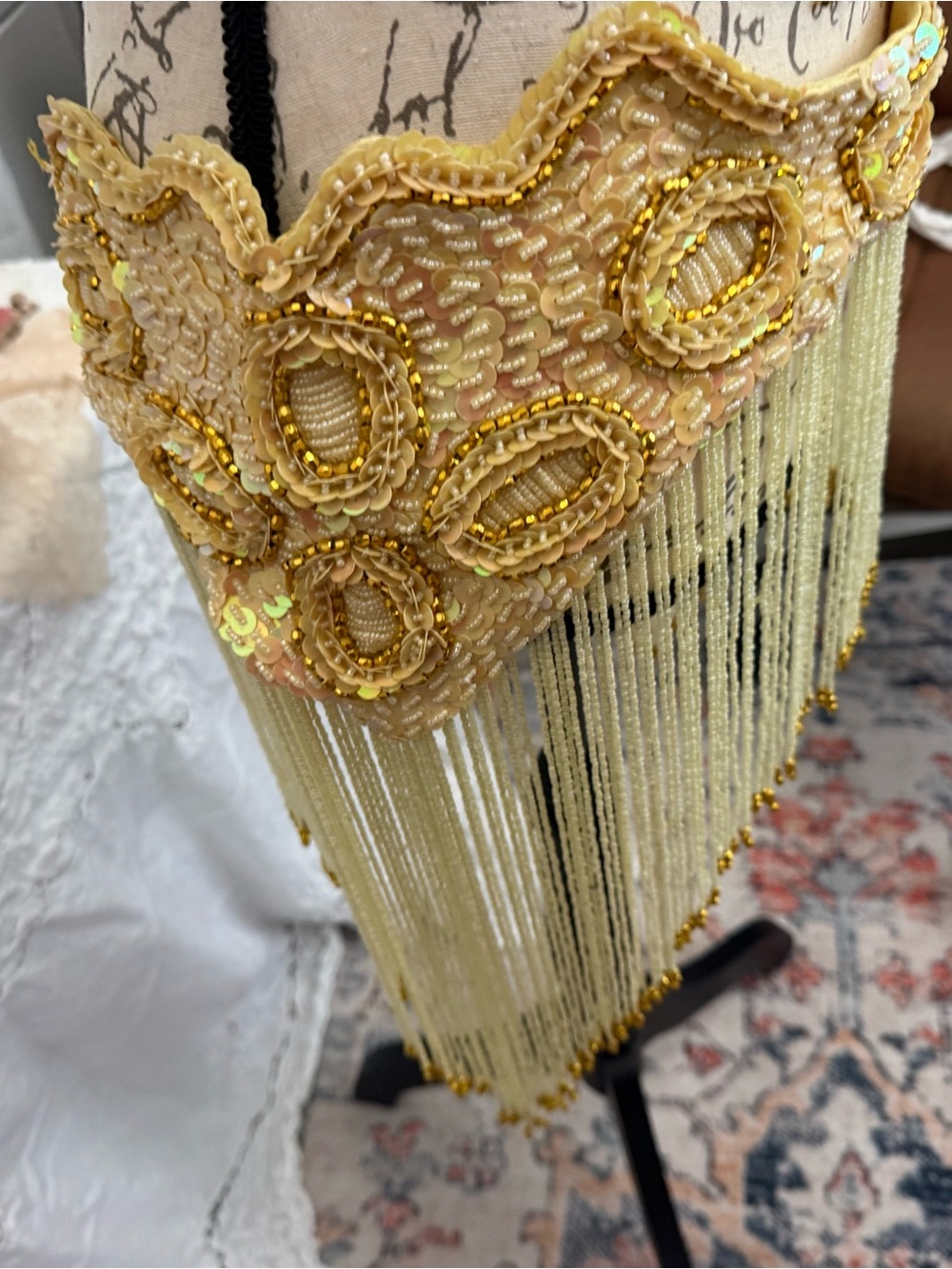 Vintage Beaded Fringe Showgirl Belly Dance Bra Belt Set Gold Sequin Costume - Picture 2 of 11